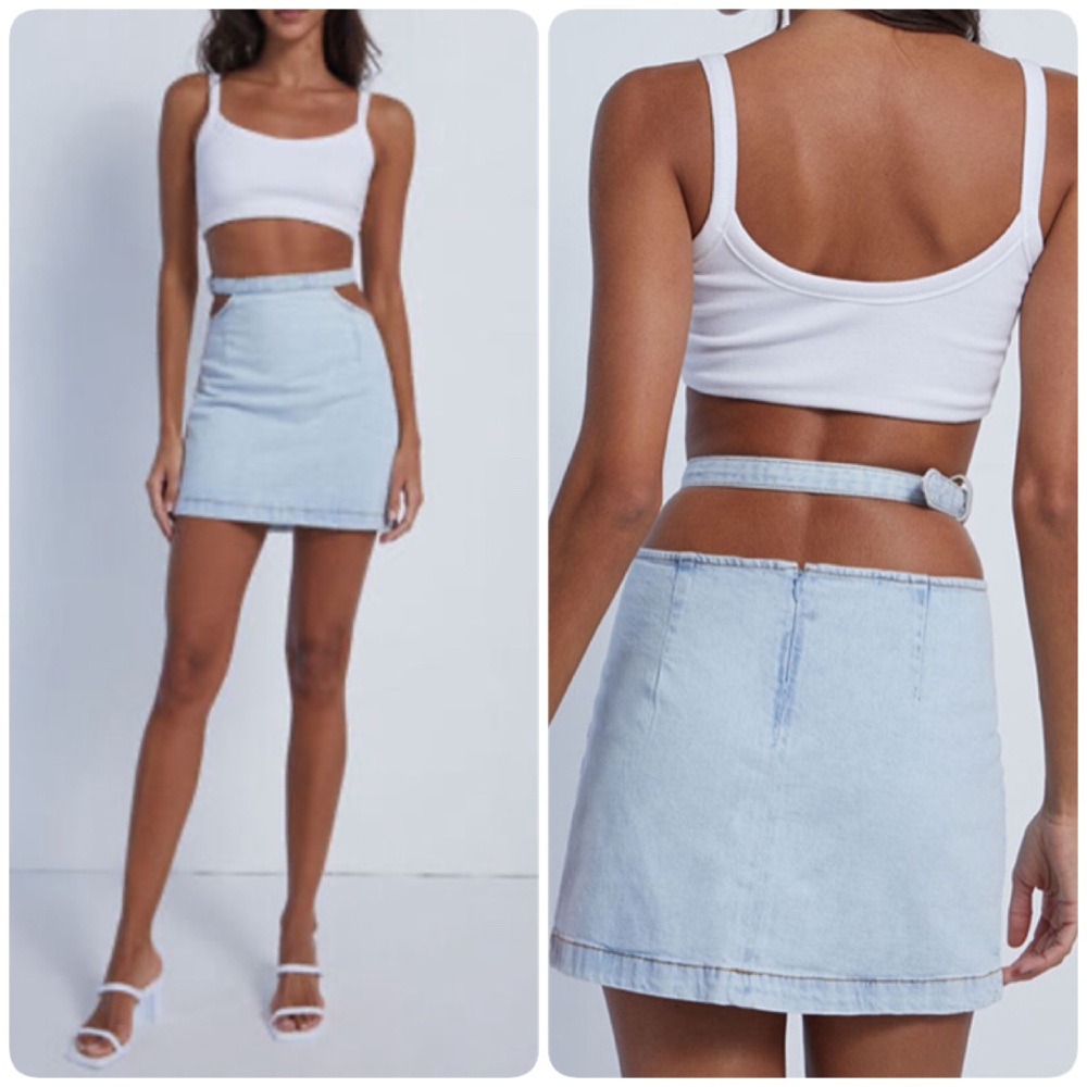 NWT New WeWoreWhat Revolve Light Blue Cut-Out Denim Jean Mini Skirt Small S